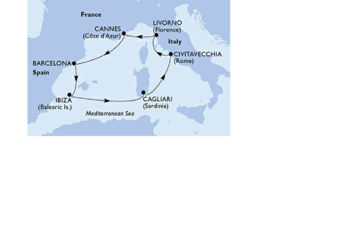 CROISIERE EN MEDITERRANEE : Barcelone, Ibiza, Cagliari, Civitavecchia (Rome), Livourne (Florence), Cannes
